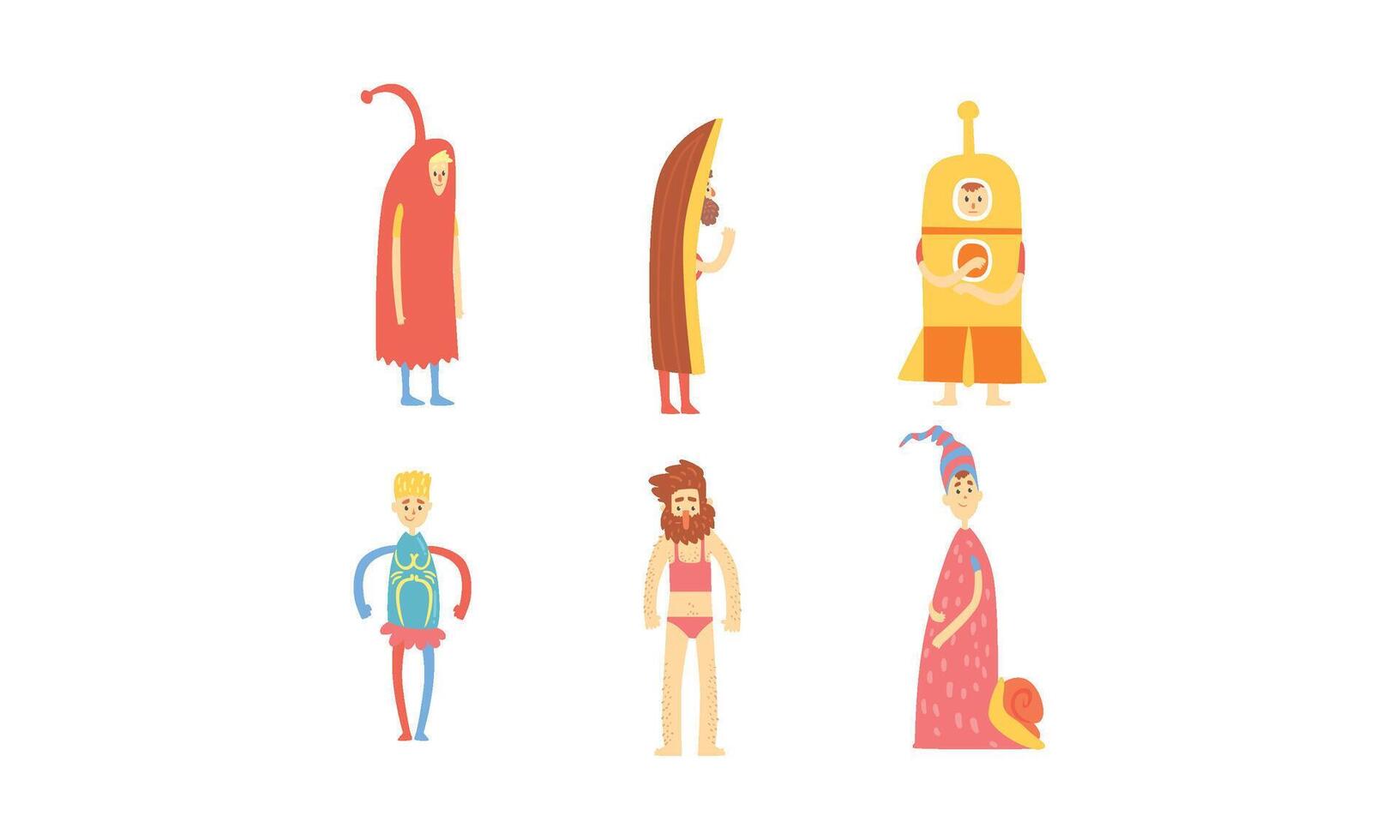 Freak Men in Funny Costumes Collection, Freaky Masquerade or Carnival Costume, Creative Crazy Party Illustration vector