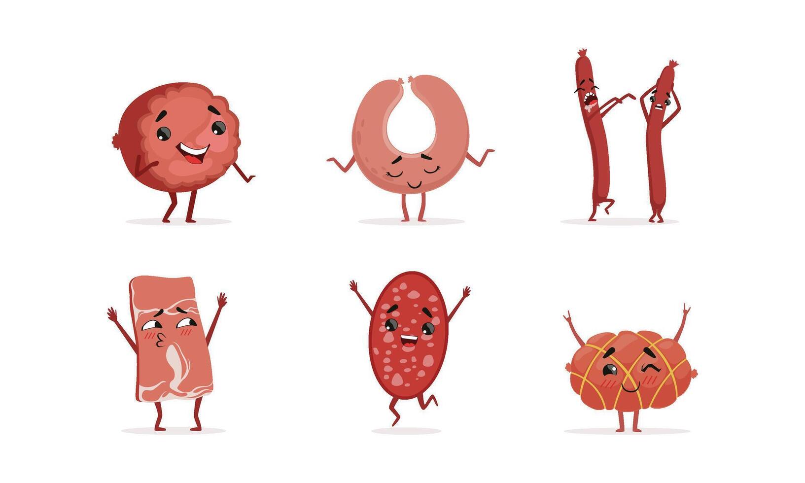 Cute Humanized Sausages Collection, Funny Fast Food Characters with Funny Faces Illustration vector