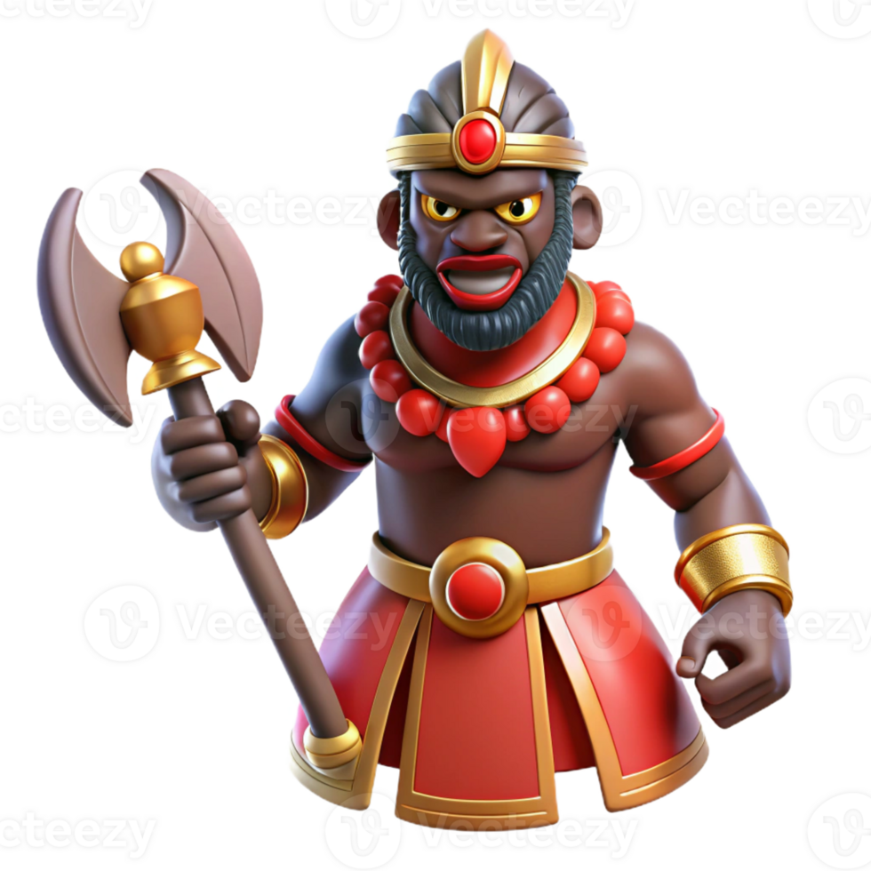 elegant rustic A fearsome Yoruba god Shango, wielding a double-headed axe, dramatic lighting, African art style professional png