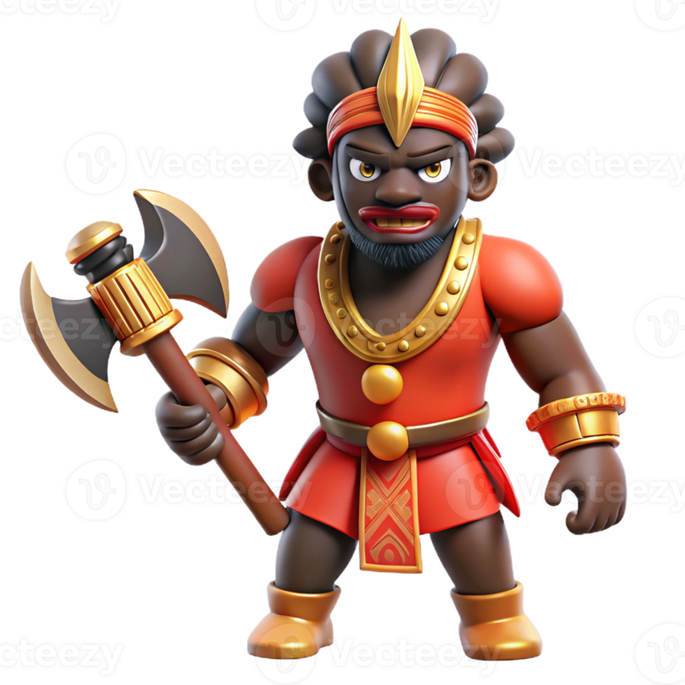 magnificent contemporary A fearsome Yoruba god Shango, wielding a double-headed axe, dramatic lighting, African art style detailed png