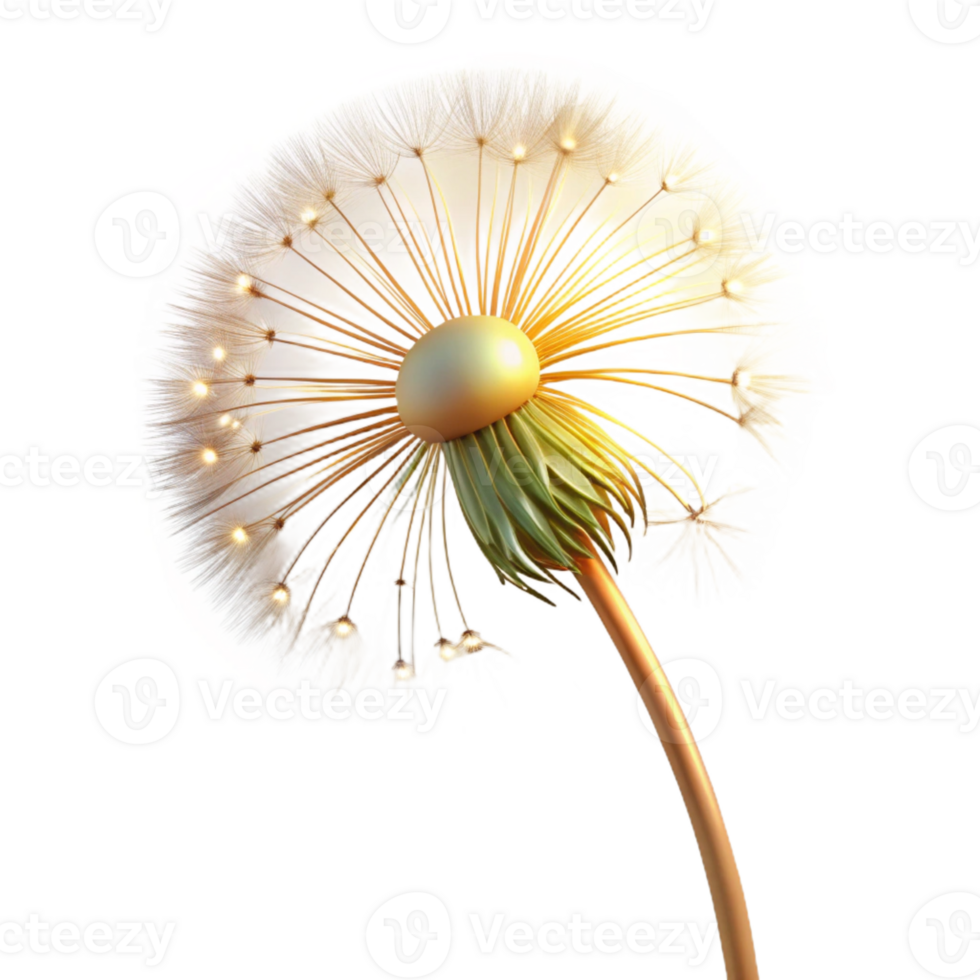 dramatic abstract A single dandelion seedhead in the process of dispersing its seeds, backlit by a golden light, macro photography style high quality png