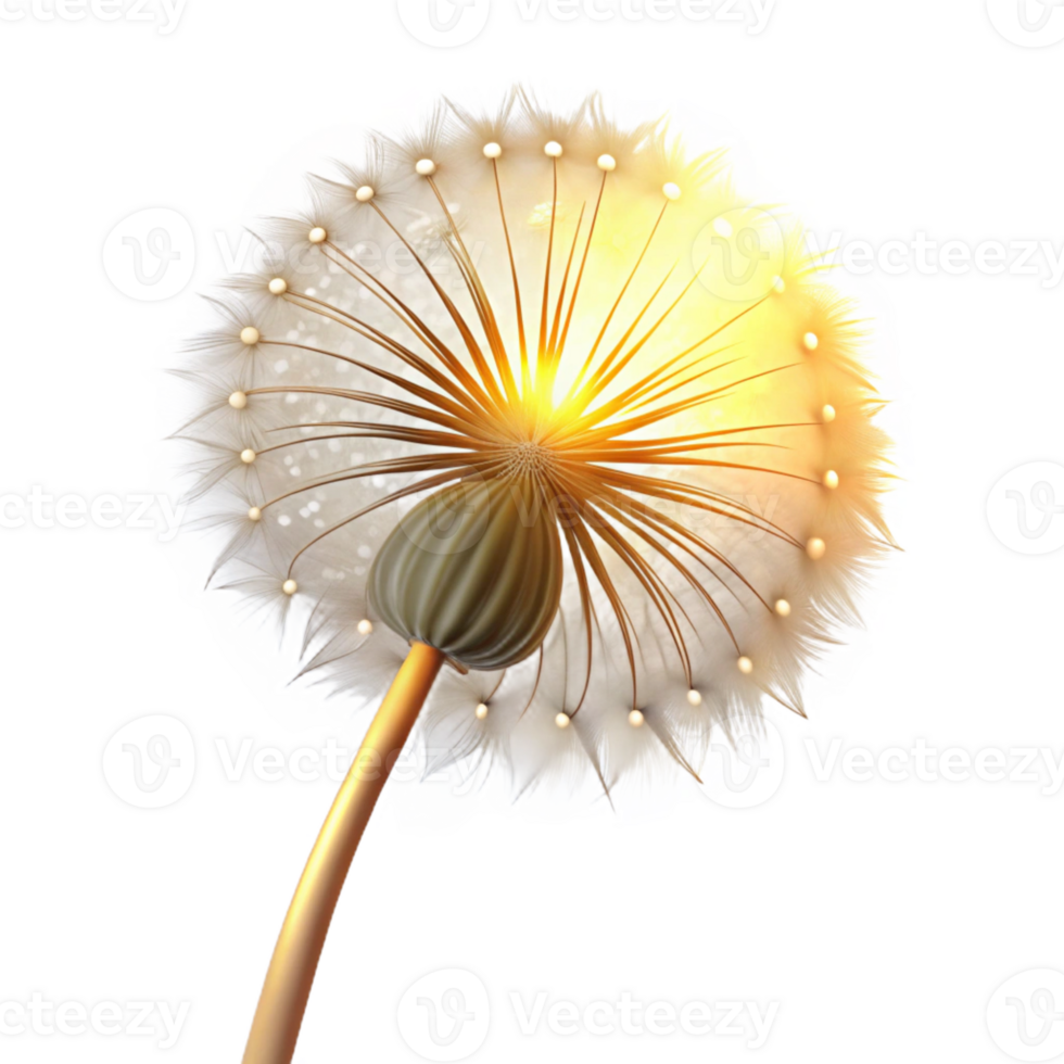 stunning contemporary A single dandelion seedhead in the process of dispersing its seeds, backlit by a golden light, macro photography style authentic png