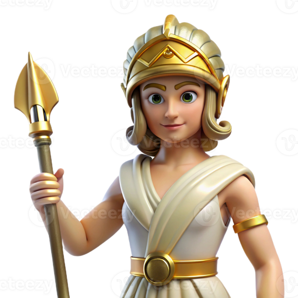 wonderful creative A wise Greek goddess Athena, wearing her helmet and holding a spear, classical Greek sculpture style 4K png