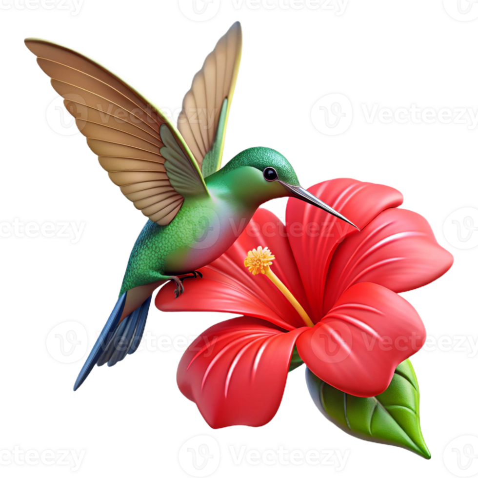 magnificent artistic A hummingbird hovering near a bright red hibiscus flower, vibrant and detailed illustration style exclusive png