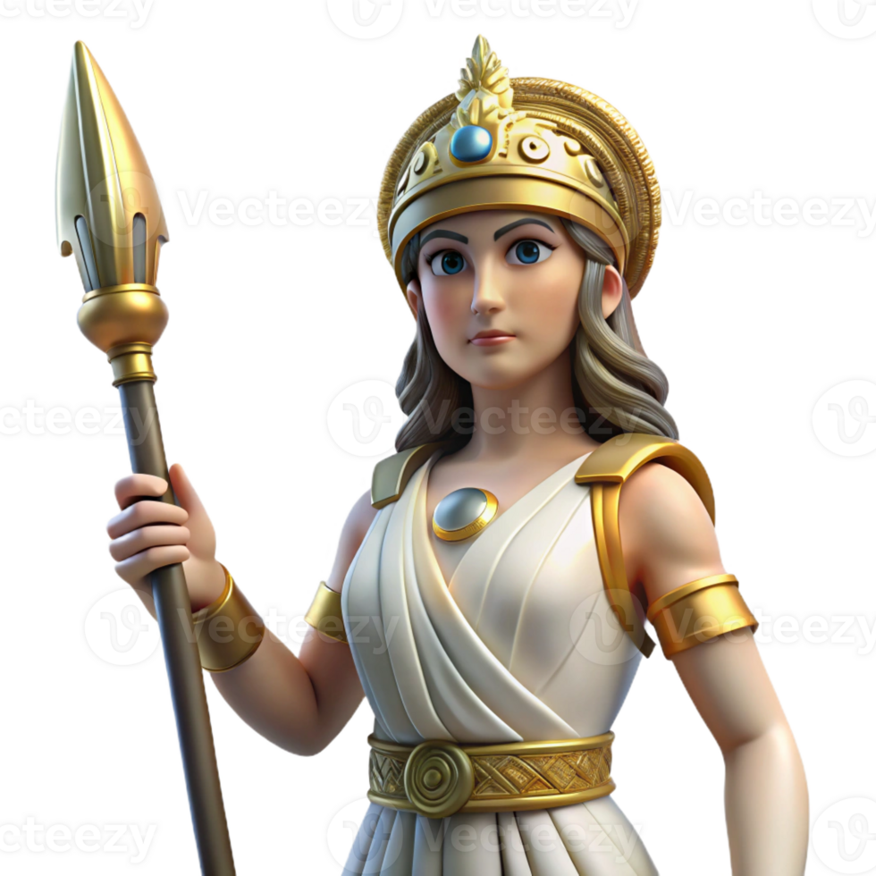 serene traditional A wise Greek goddess Athena, wearing her helmet and holding a spear, classical Greek sculpture style exclusive png