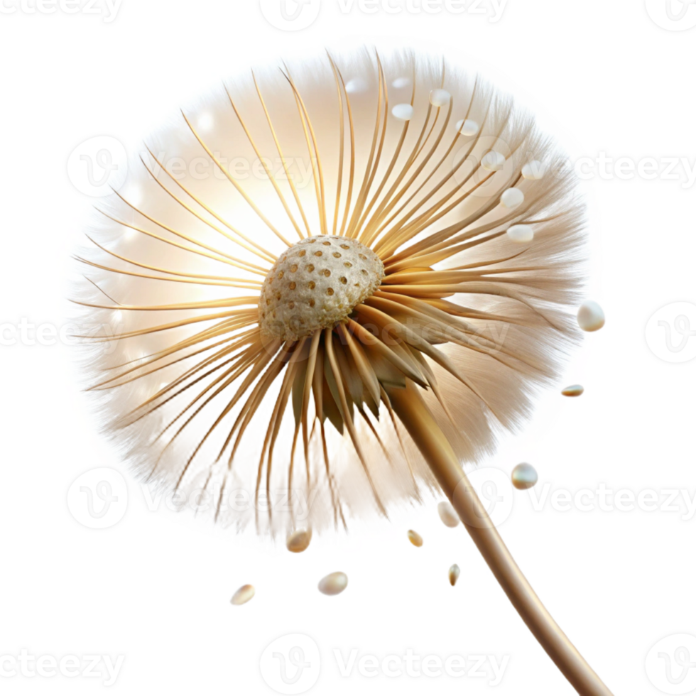 stunning abstract A single dandelion seedhead in the process of dispersing its seeds, backlit by a golden light, macro photography style authentic png