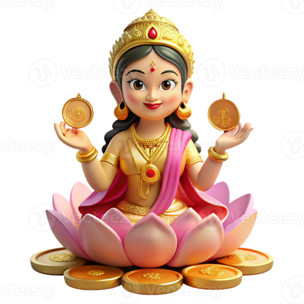 wonderful classic A beautiful Hindu goddess Lakshmi, seated on a lotus flower, surrounded by gold coins, Indian miniature painting style premium png