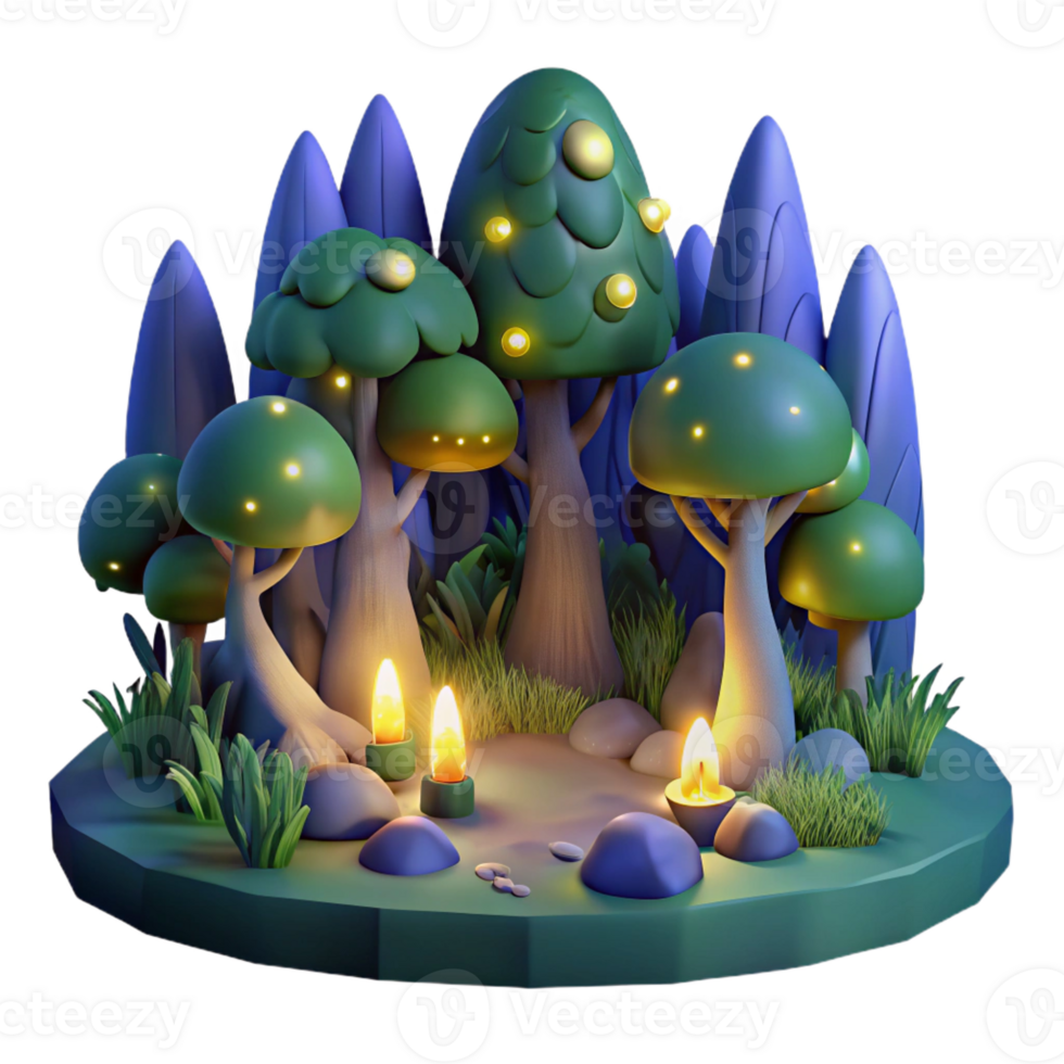 vibrant minimalist A group of fireflies illuminating a dark forest at night, fantasy art style premium png