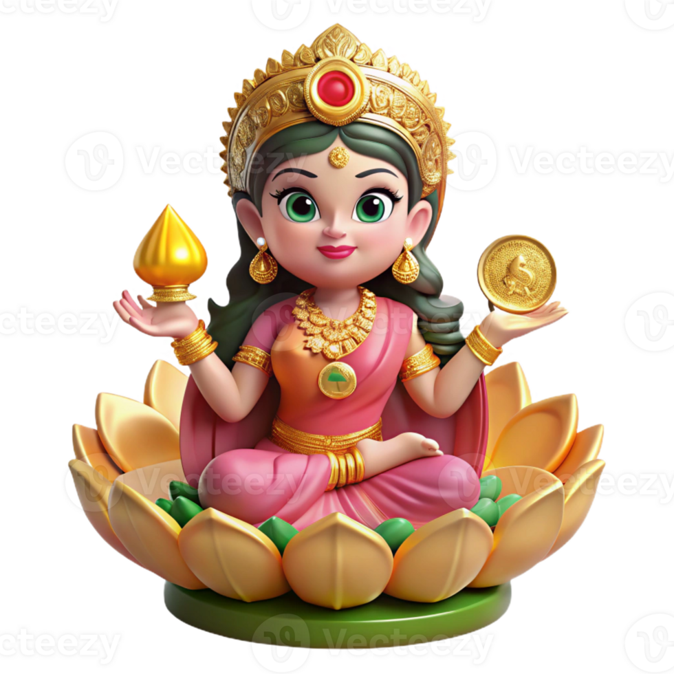 serene rustic A beautiful Hindu goddess Lakshmi, seated on a lotus flower, surrounded by gold coins, Indian miniature painting style detailed png
