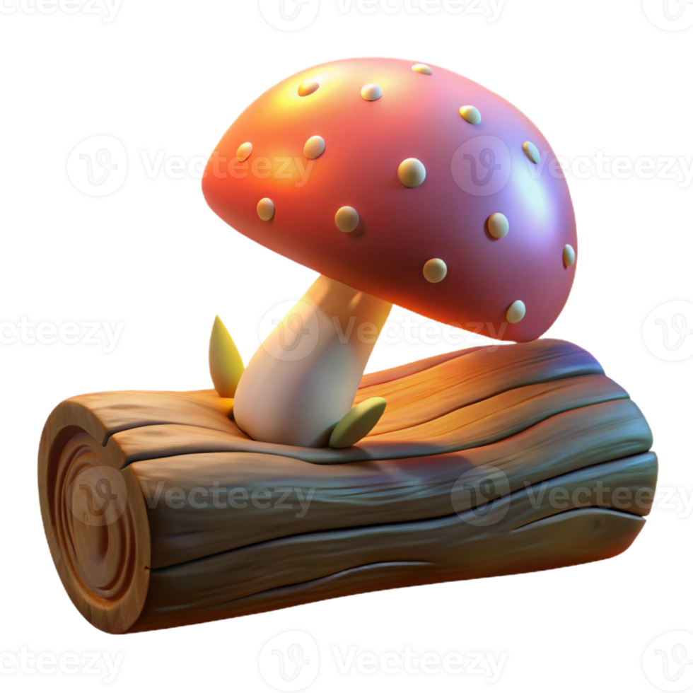 dramatic minimalist A mushroom growing on a fallen log, illuminated by soft diffused light, fantasy art style 4K png