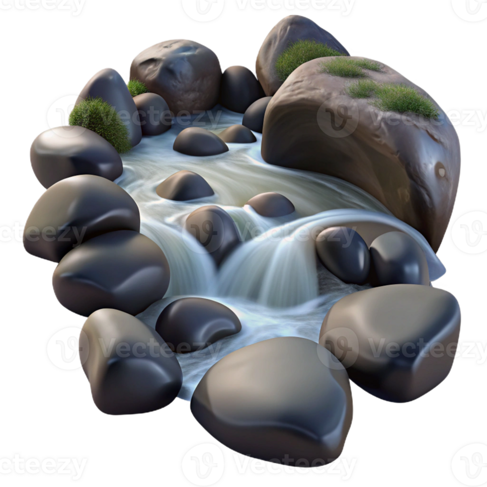 impressive minimalist A babbling brook flowing over smooth rocks, long exposure photography style authentic png