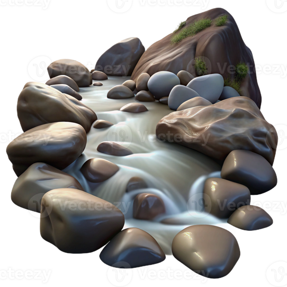 elegant vintage A babbling brook flowing over smooth rocks, long exposure photography style genuine png