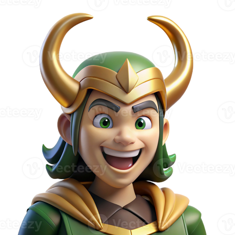 beautiful contemporary A mischievous Norse god Loki, with a mischievous grin, dynamic pose, Viking art style premium png