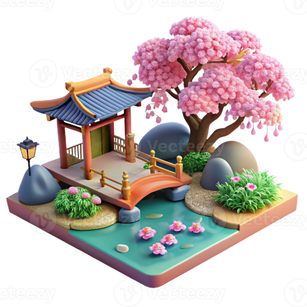 elegant minimalist A serene Japanese garden with a koi pond and cherry blossoms in bloom, ukiyo-e style premium png