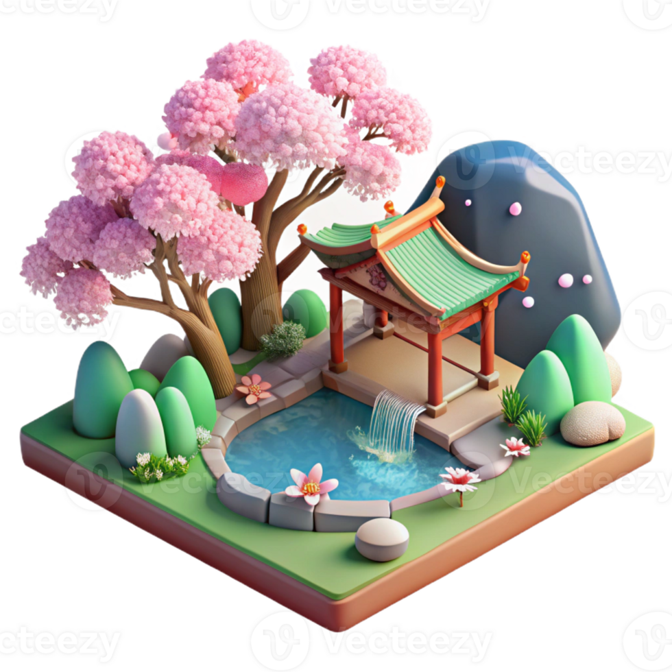 beautiful artistic A serene Japanese garden with a koi pond and cherry blossoms in bloom, ukiyo-e style genuine png
