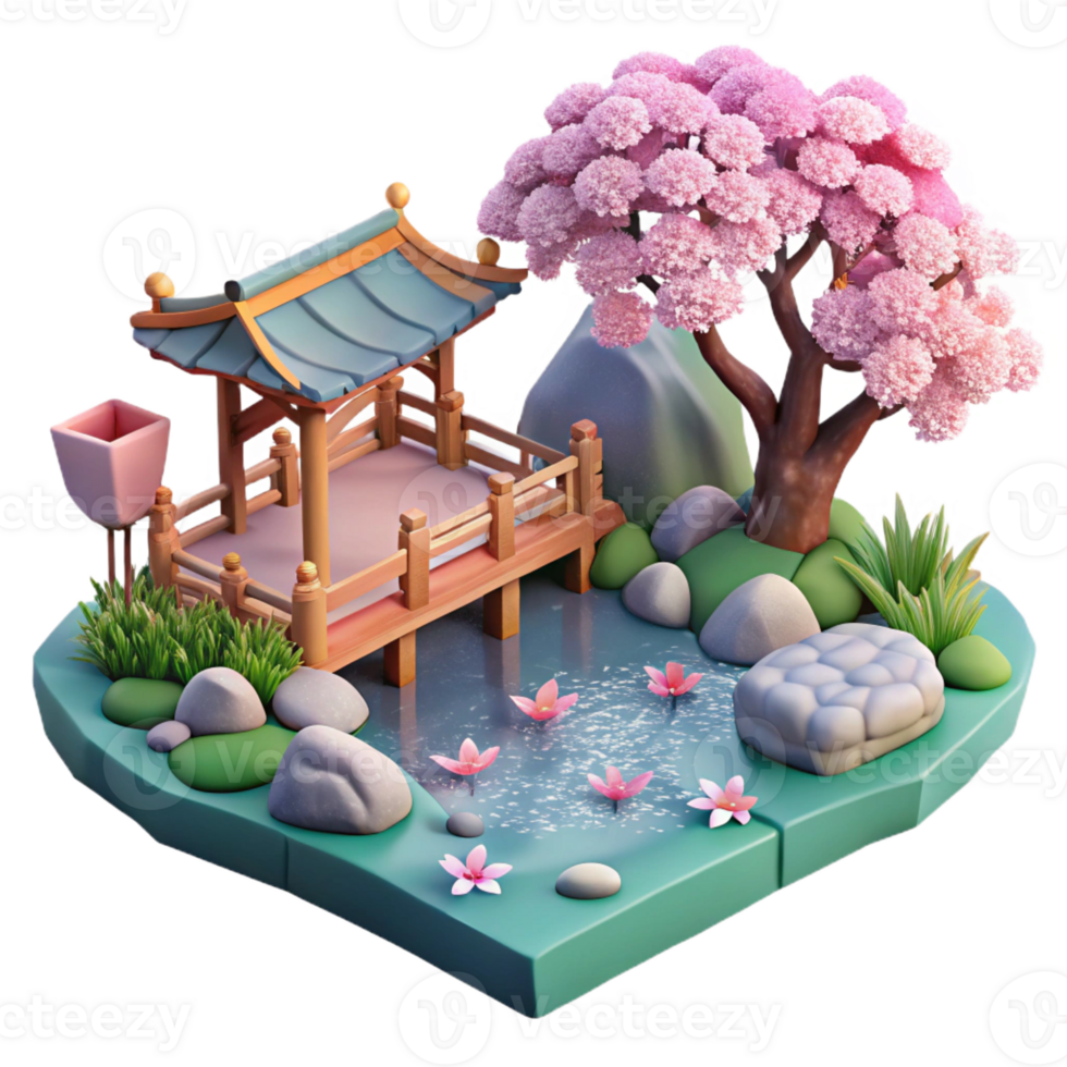 wonderful minimalist A serene Japanese garden with a koi pond and cherry blossoms in bloom, ukiyo-e style detailed png