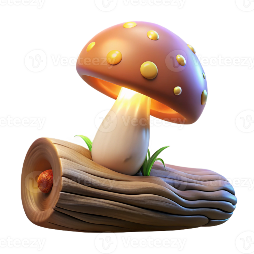 vibrant creative A mushroom growing on a fallen log, illuminated by soft diffused light, fantasy art style professional png