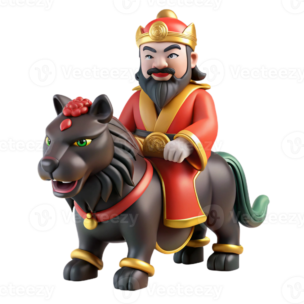 extraordinary minimalist A benevolent Chinese god of wealth Cai Shen, riding a black tiger, traditional Chinese painting style high quality png