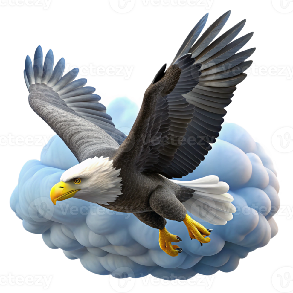 serene abstract A majestic bald eagle soaring through a cloudy sky, dynamic pose, dramatic lighting, photorealistic style high resolution png