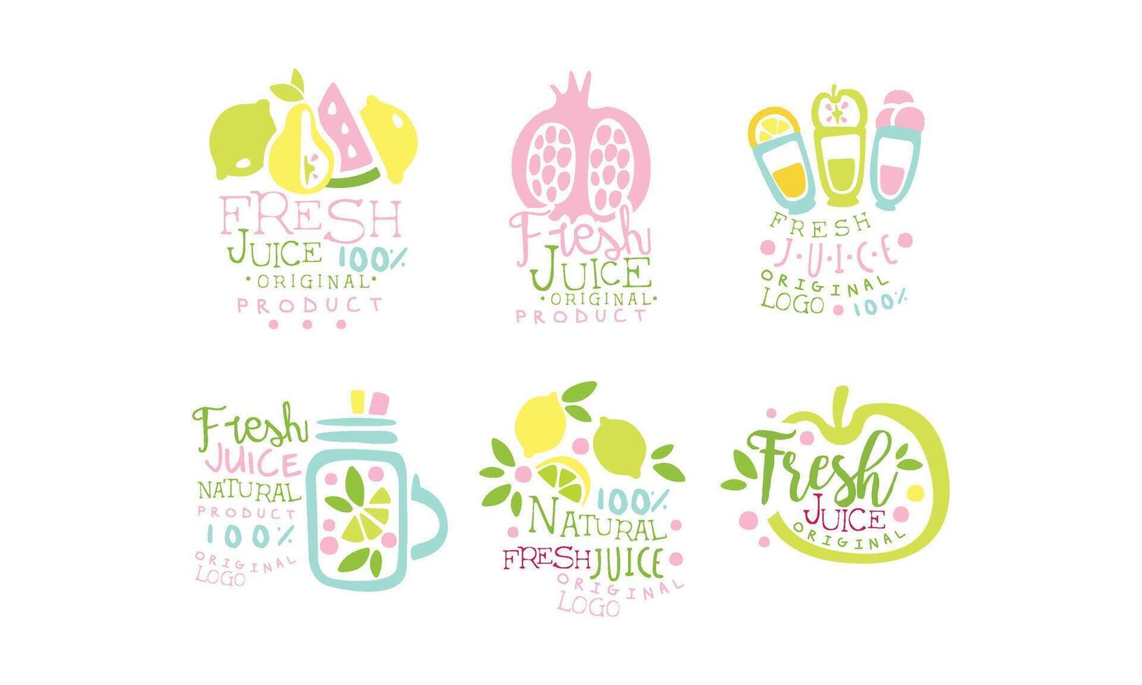 Juice Original Product Logo Collection, Natural Fresh Drink Colorful Hand Drawn Labels Illustration vector