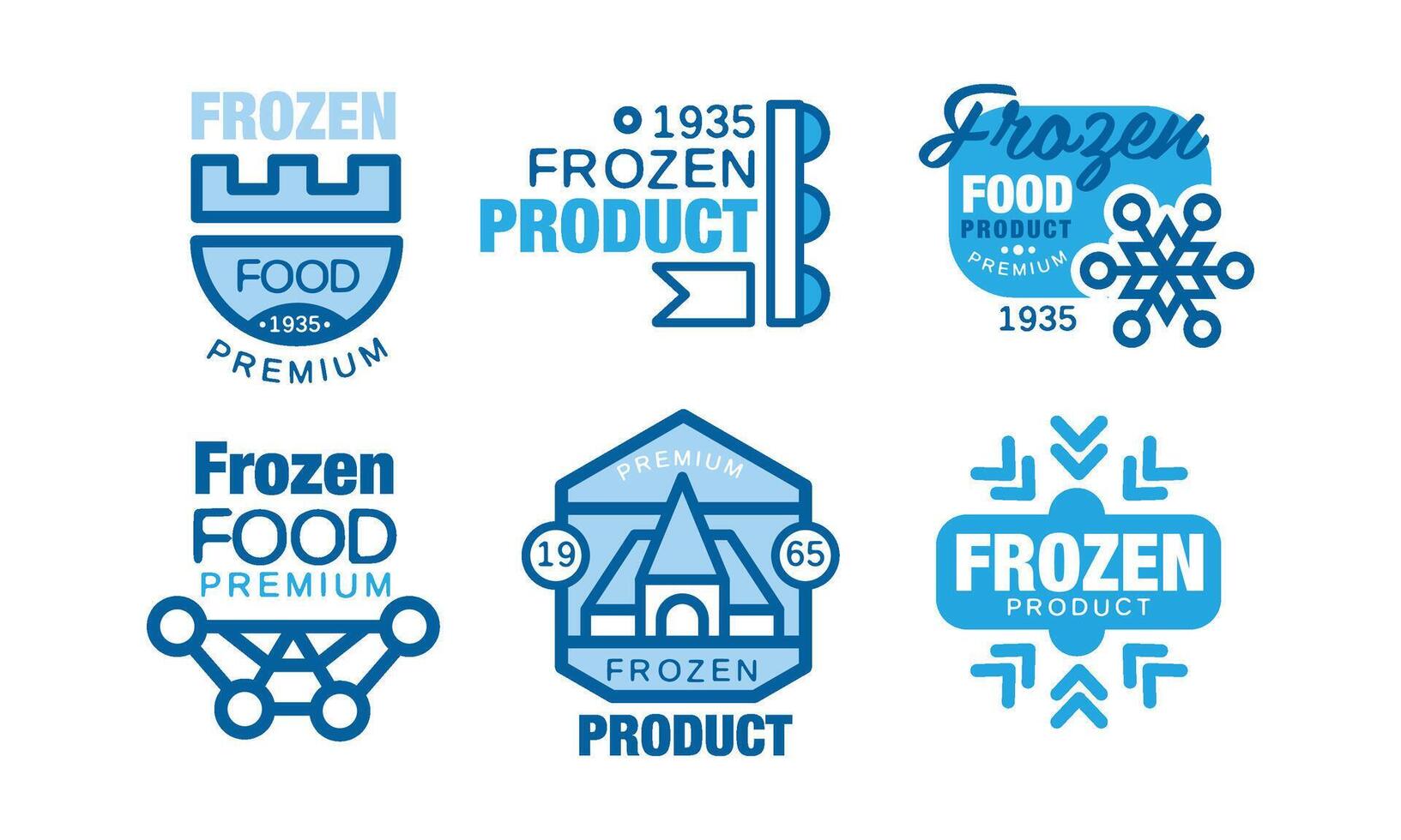 Frozen Food Labels Collection, Premium Product Blue Badges Illustration vector