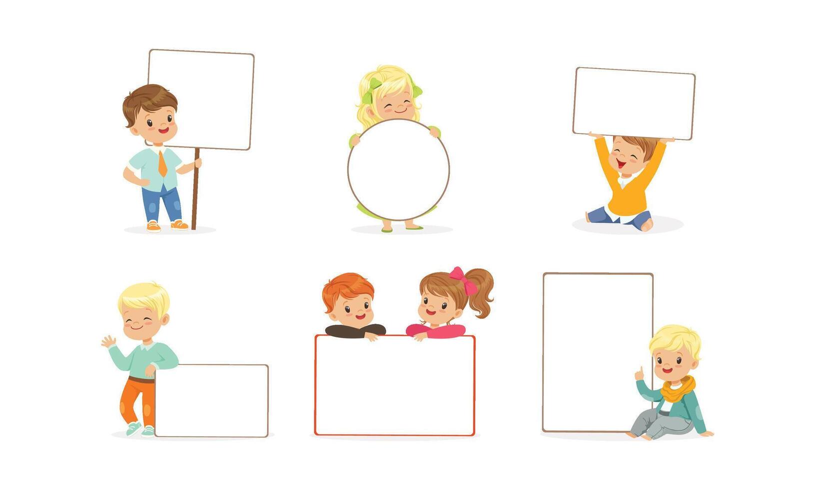 Cute Kids Holding Blank Banners Collection, Happy Adorable Boys and Girls with Empty White Posters Illustration vector