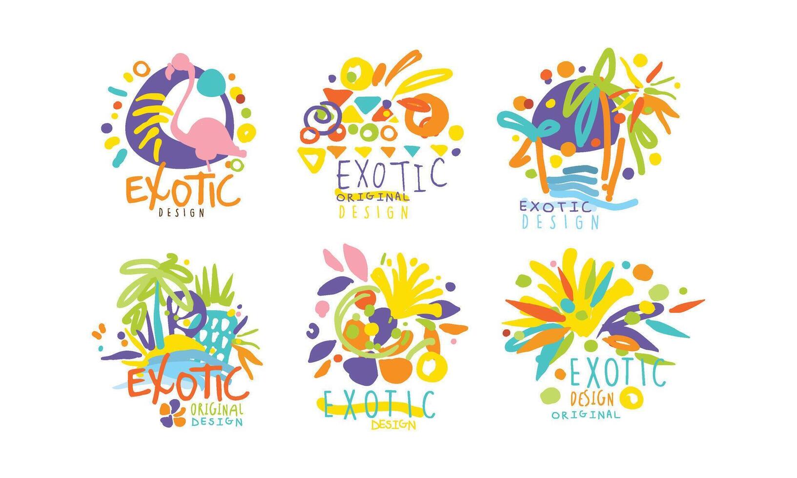 Exotic Original Design Labels Collection, Colorful Tropical Hand Drawn Badges with Birds and Plants Illustration vector