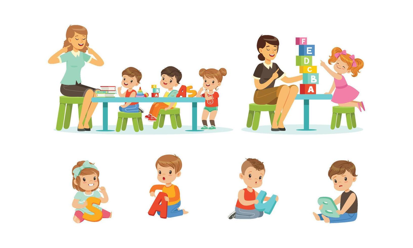 Speech Therapist Going Speech Gymnastics with Preschool Children, Teacher Explaining Alphabet to Kids, Boys and Girls Playing and Studying in Kindergarten or School Illustration vector