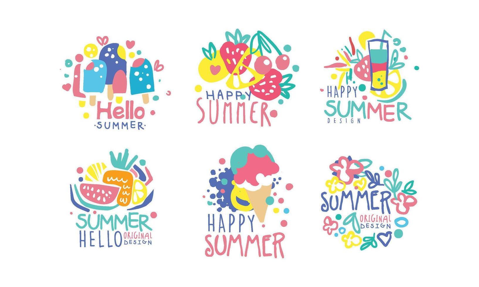 Hello Summer Original Design Labels Collection, Colorful Hand Drawn Graphic Templates Illustration vector