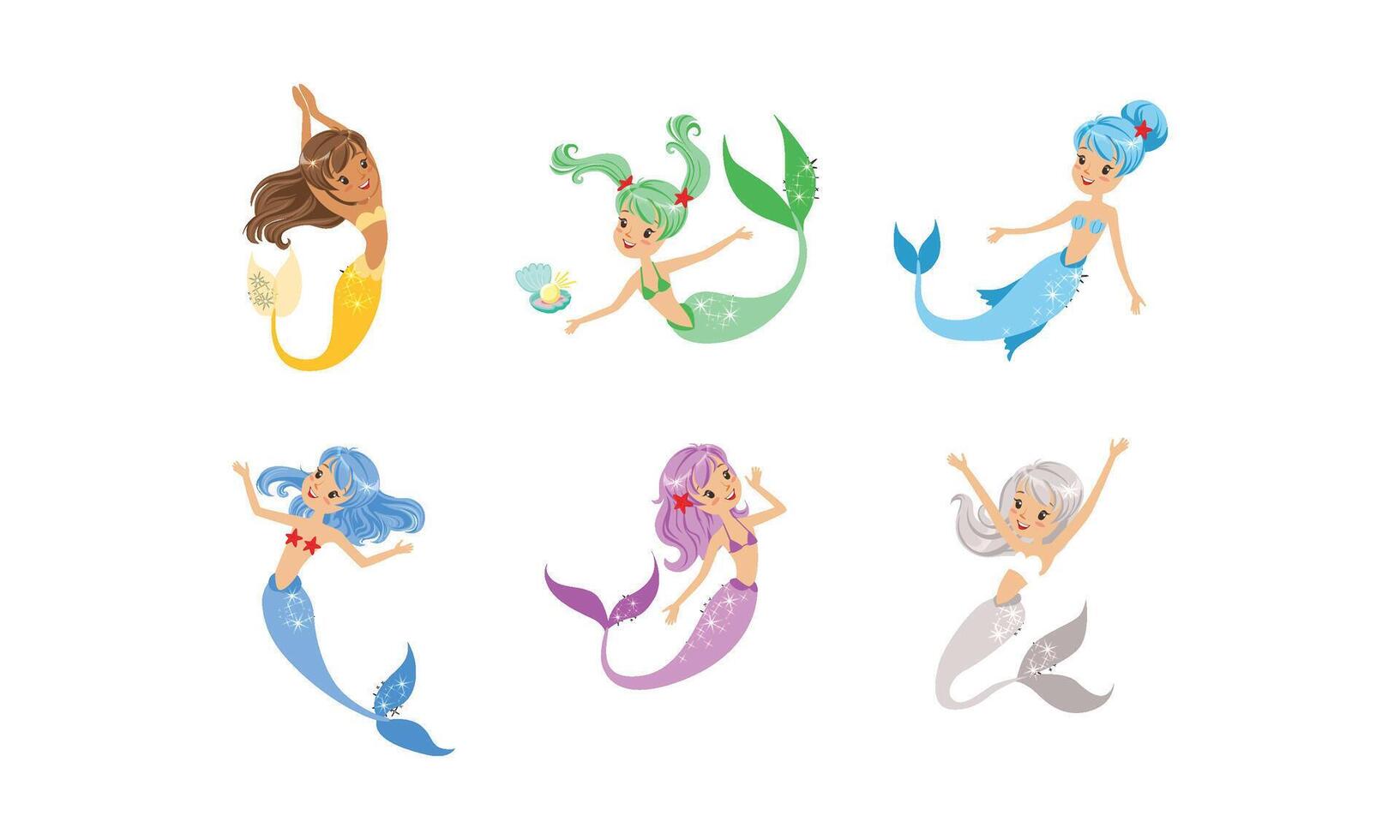 Cute Mermaids Collection, Adorable Sea Princesses with Colorful Hair and Tails Illustration vector