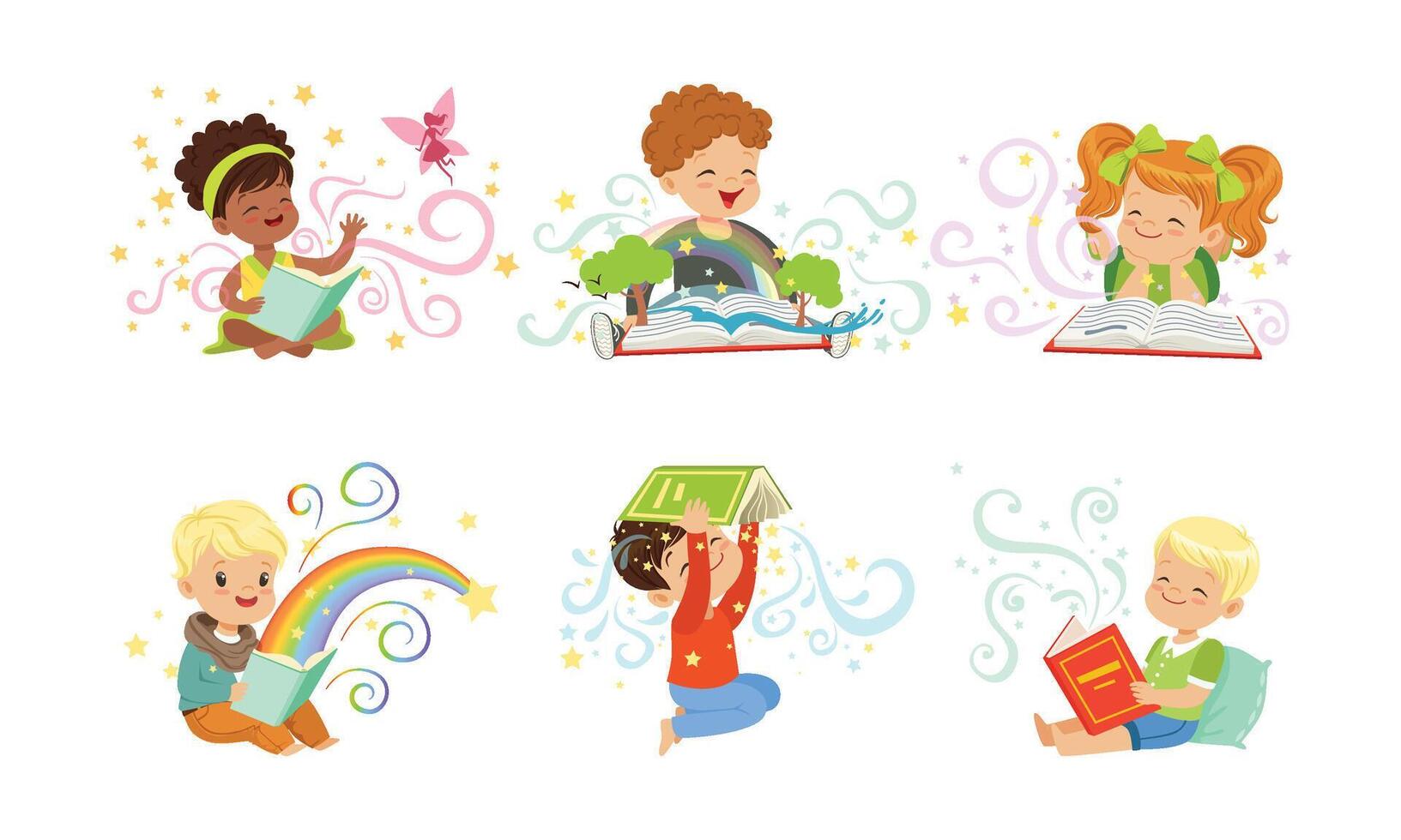 Adorable Little Boys and Girls Reading Fairy Tale Books Collection Illustration vector