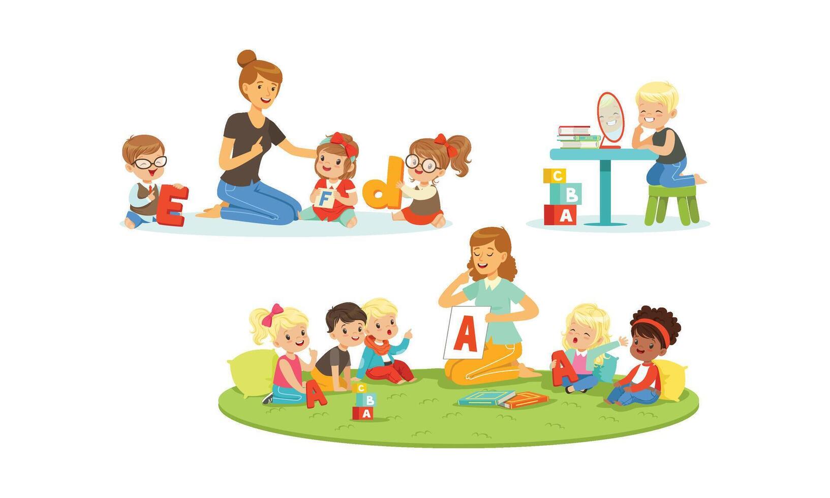 Speech Therapist working with Children, Teacher Explaining Alphabet to Kids, Boys and Girls Playing and Studying in Kindergarten or School Illustration vector