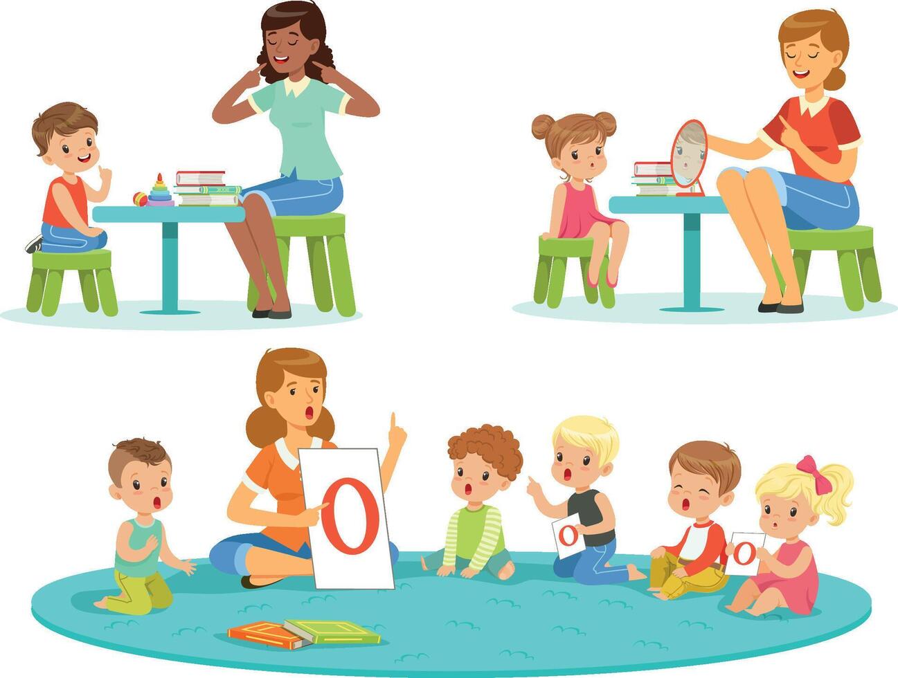 Speech Therapist Working with Preschool Children, Teacher Explaining Alphabet to Kids, Boys and Girls Playing and Studying in Kindergarten or School Illustration vector