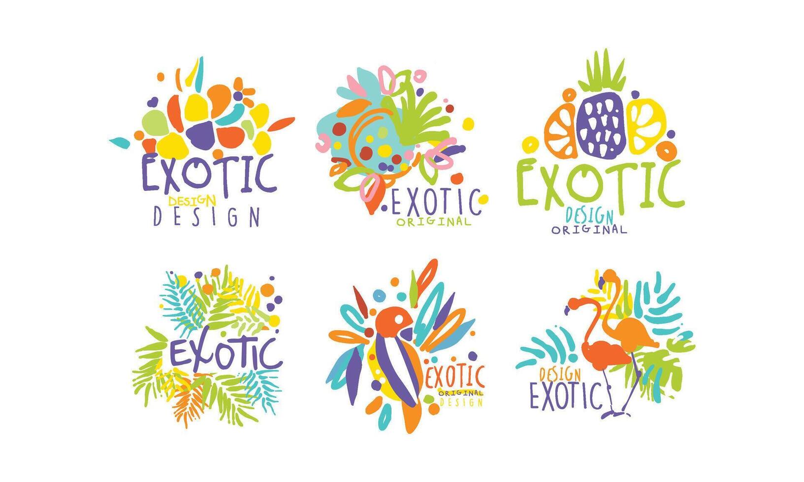 Exotic Original Design Labels Collection, Colorful Hand Drawn Badges Illustration vector