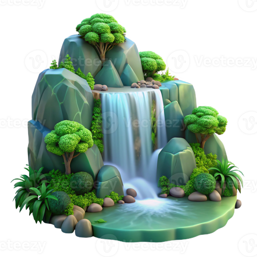 stunning creative A cascading waterfall surrounded by lush green foliage, long exposure, soft light, serene atmosphere high quality png