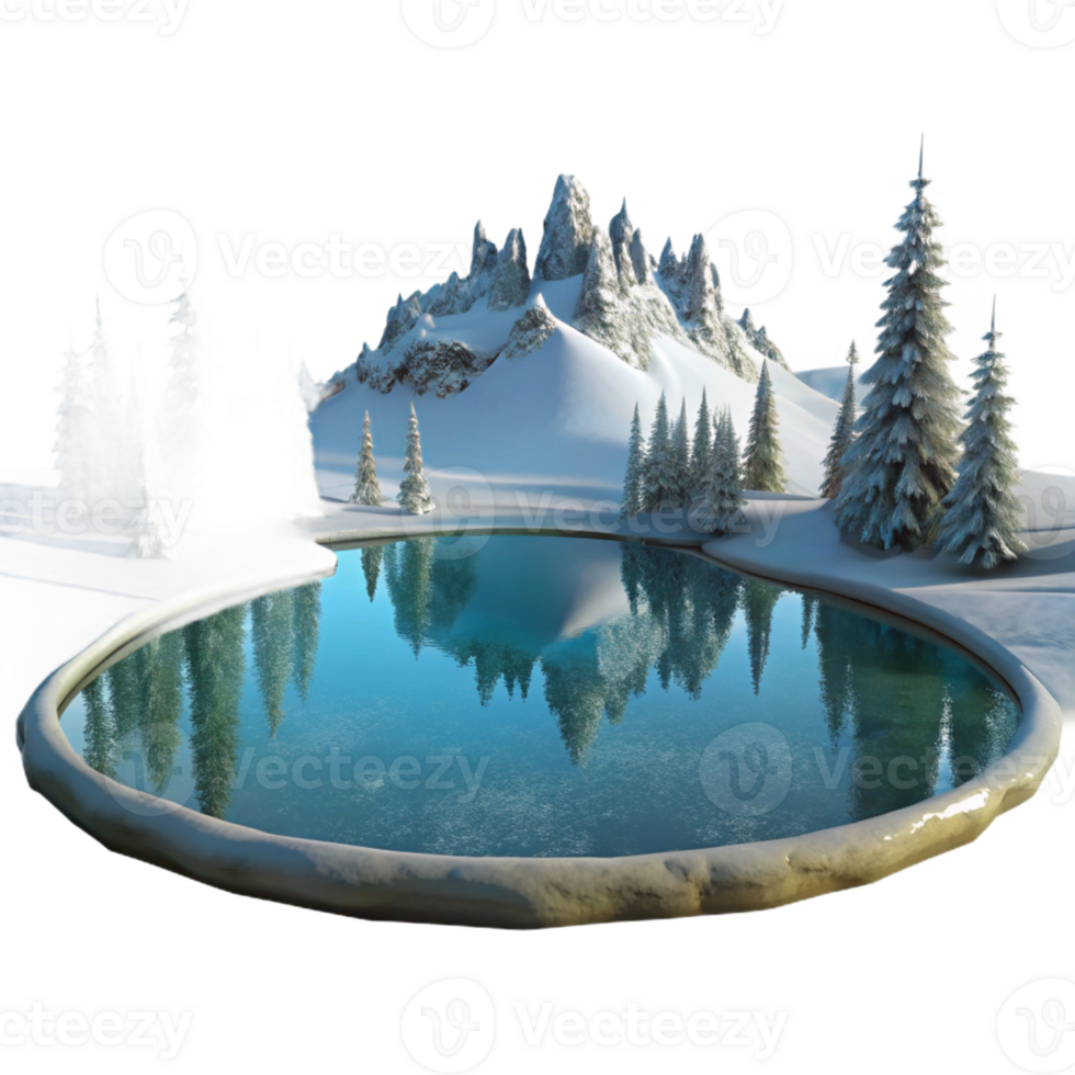 dramatic rustic A frozen lake reflecting a winter landscape, serene atmosphere, crisp clear light, photographic style 4K png