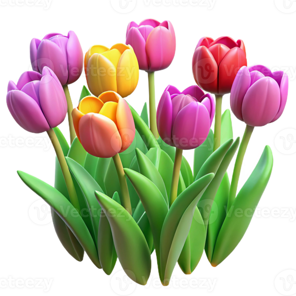 beautiful contemporary A field of tulips in various colors, vibrant and detailed illustration style exclusive png