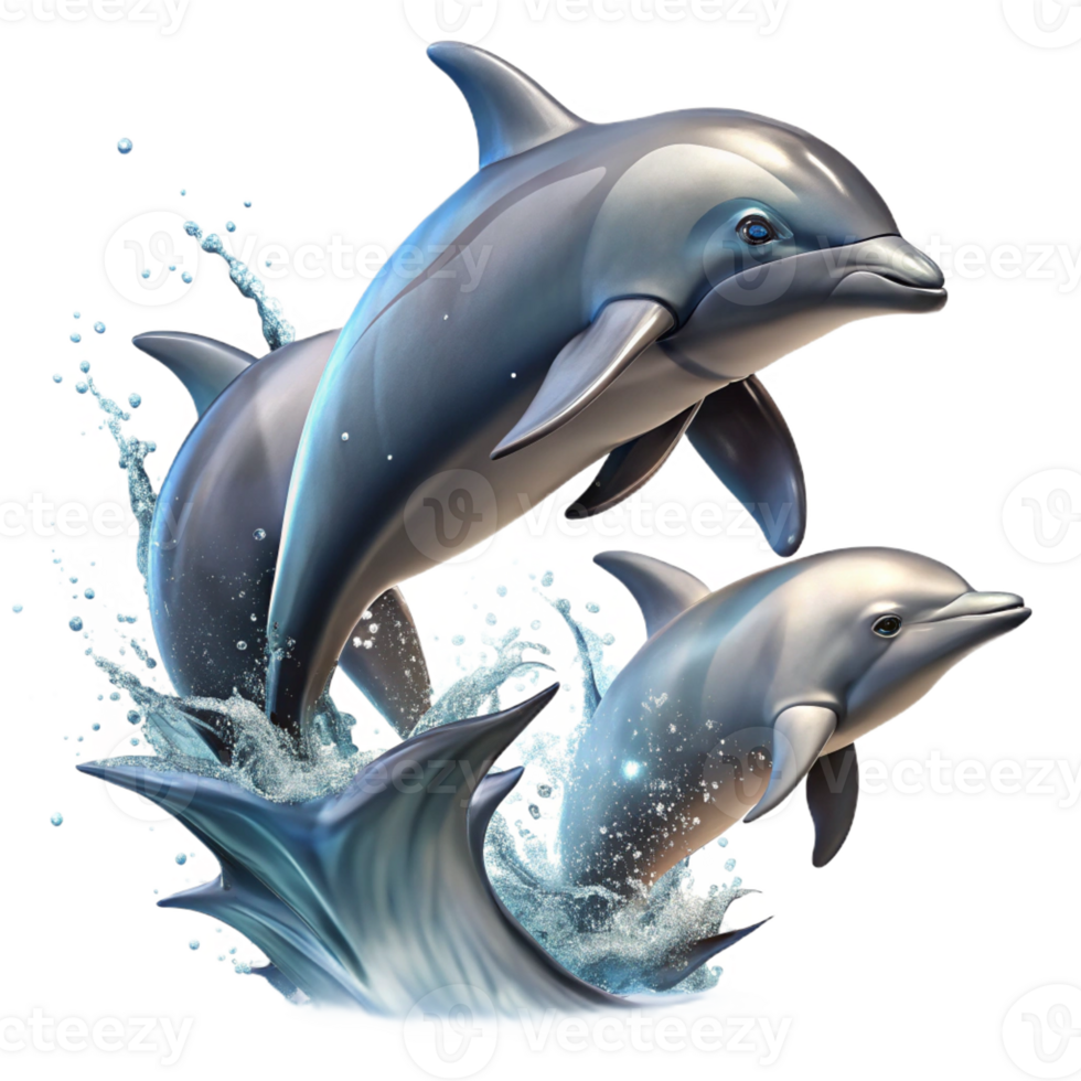 serene classic A group of dolphins leaping out of the ocean, dynamic pose, sparkling water, wildlife photography style high quality png