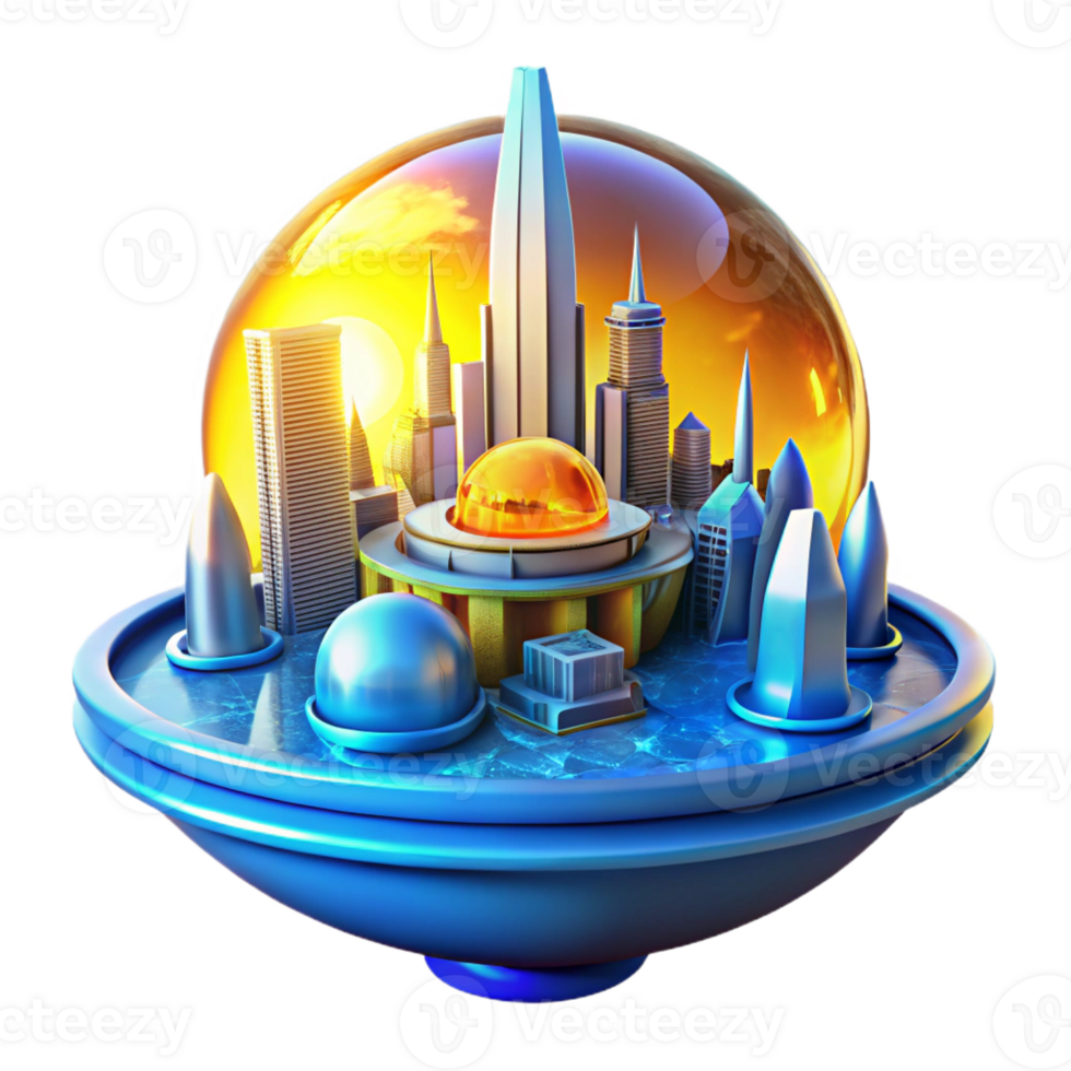 impressive abstract A futuristic city built on a giant space station, orbiting a vibrant blue planet, illuminated by the sun's golden rays, in a science fiction style 4K png
