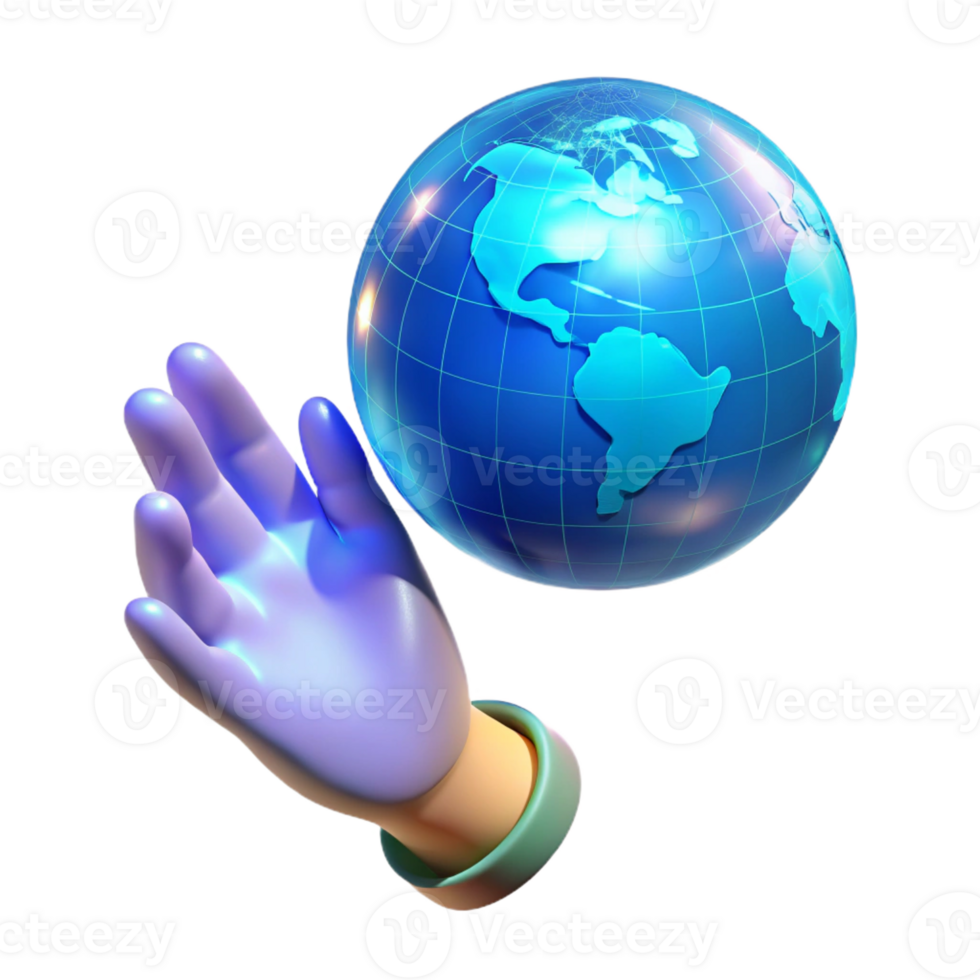 dramatic traditional A human hand reaching out to touch a holographic projection of the Earth, bathed in the cool blue light of the hologram, in a surreal style exclusive png