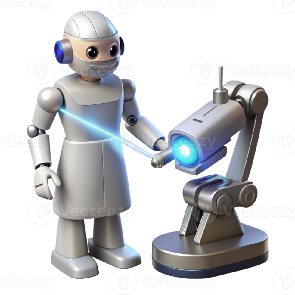 dramatic traditional A robotic surgeon performing a delicate operation with laser precision, lit by the bright white light of the operating room, in a photorealistic style high resolution png