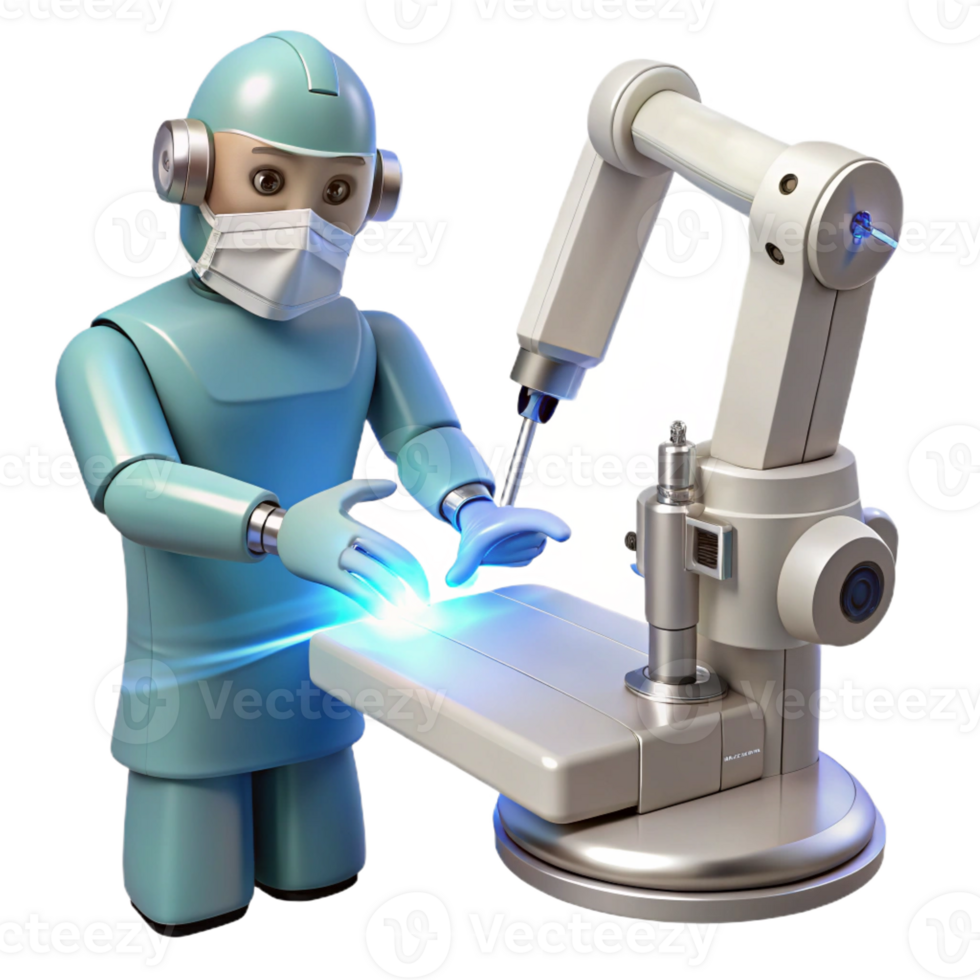 vibrant minimalist A robotic surgeon performing a delicate operation with laser precision, lit by the bright white light of the operating room, in a photorealistic style authentic png