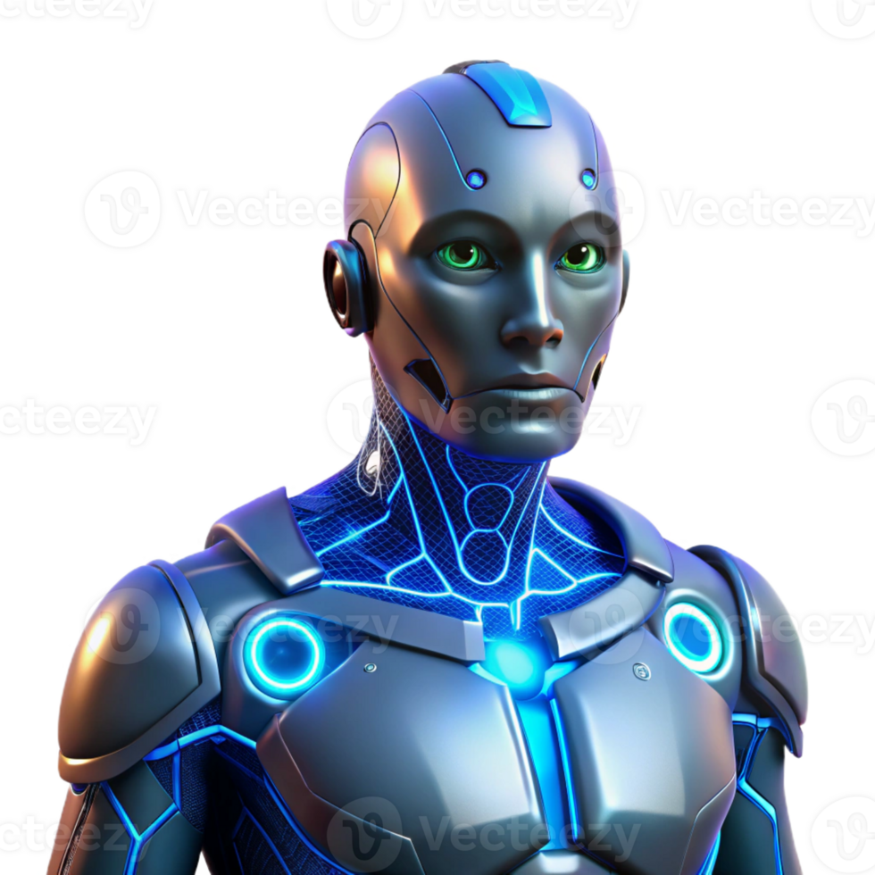 wonderful contemporary A cyborg with glowing blue circuitry visible beneath synthetic skin, lit by a cool, ambient light, in a cyberpunk style 4K png