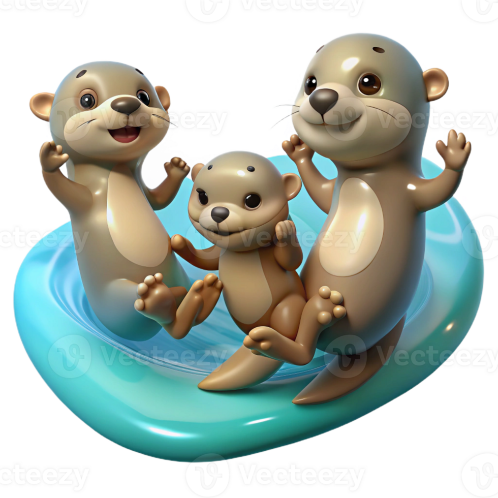 stunning rustic A family of playful otters holding hands, floating on their backs in crystal clear water. Cartoon style, bright and cheerful detailed png