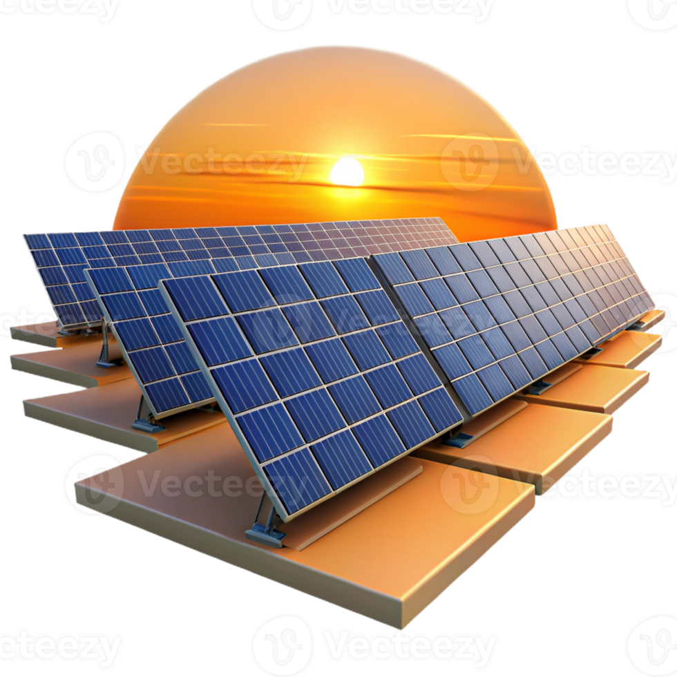 magnificent rustic A field of solar panels stretching towards the horizon, bathed in the warm golden light of the setting sun, in a photorealistic style premium png