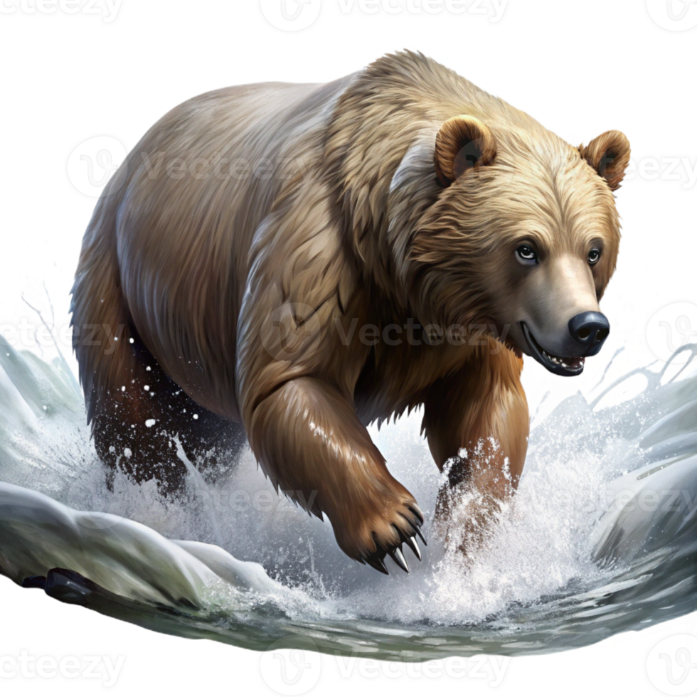 beautiful abstract A powerful grizzly bear fishing for salmon in a rushing river, spray and mist obscuring the background. Painterly style, with visible texture and impasto premium png