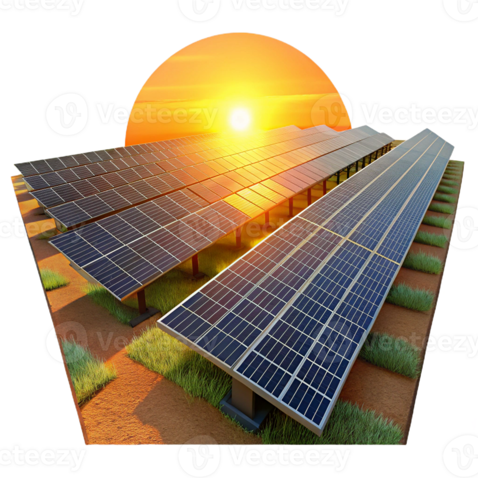 wonderful artistic A field of solar panels stretching towards the horizon, bathed in the warm golden light of the setting sun, in a photorealistic style detailed png