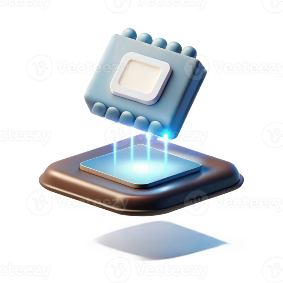 serene rustic A single, glowing microchip levitating in mid-air, lit by a focused beam of white light, in a minimalist style professional png