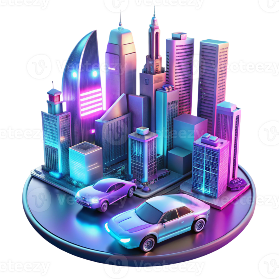 beautiful minimalist A futuristic cityscape with flying cars and holographic advertisements, illuminated by the vibrant neon lights of the city, in a cyberpunk style premium png