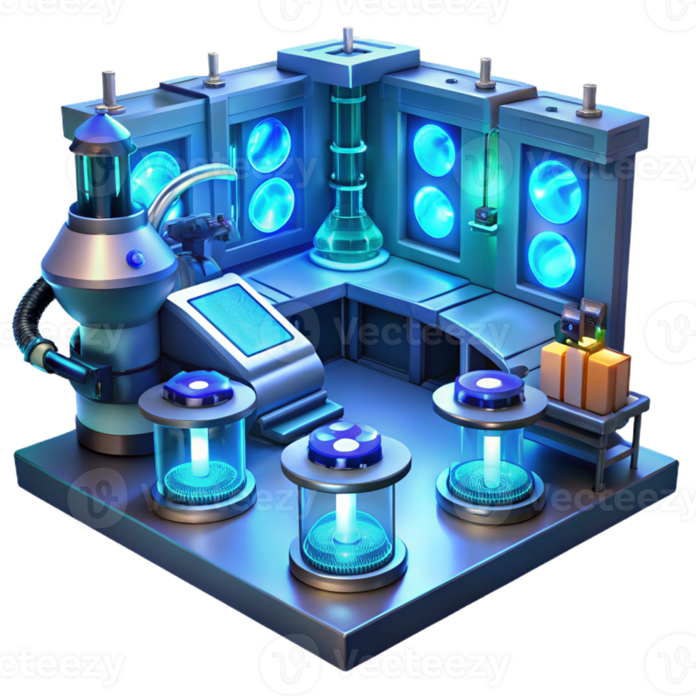 vibrant rustic A futuristic laboratory filled with glowing screens and complex equipment, illuminated by the cool blue light of technology, in a science fiction style genuine png